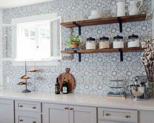 A tile effect wallpaper can be very dramatic in a kitchen setting.