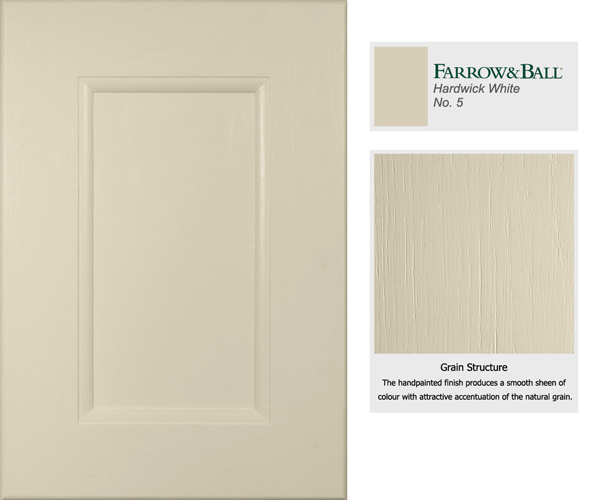 This cabinet door has been painted in Hardwick White, a traditional grey that combines well with deep shades.