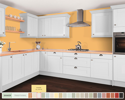 A shot of our kitchen visualiser, with white cabinets, a beech worktop and ‘Babouche’ painted walls