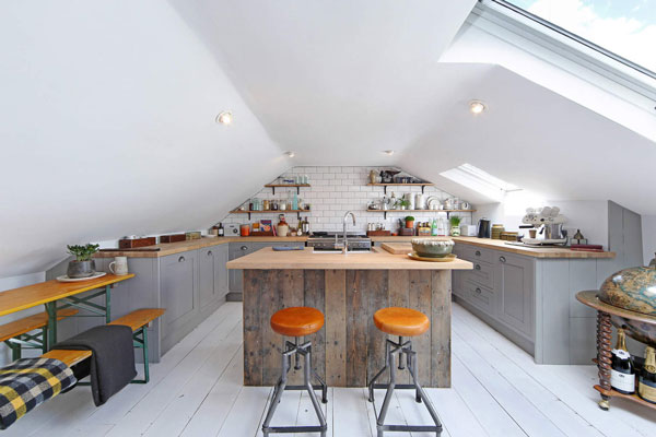 This attic kitchen is large enough for an island.