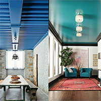 Two rooms with vibrantly coloured ceilings – blue and teal – contrast with neutral walls to provide an stunning impact