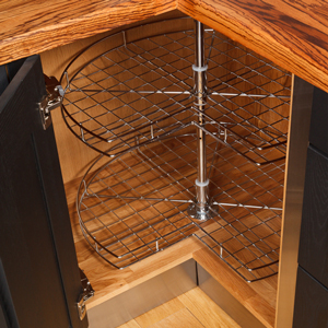 A Corner Carousel is the ideal storage solution for L-shaped corner cabinets for solid oak kitchens.