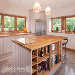 Full stave prime oak worktops with solid oak worktops painted in Farrow & Ball's Elephant's Breath.
