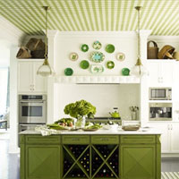 A green gingham statement ceiling with matching green island and decorations.