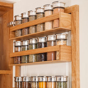 These Solid Oak Spice Racks can store up to 20 bottles of herbs and spices.