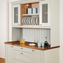 Kitchen dresser made from oak cabinets, painted in Farrow & Ball's Mizzle.