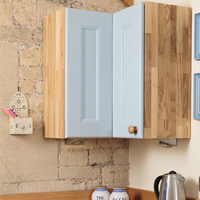 Solid oak L-shaped corner cabinets are available as wall units, utilising all the room available.