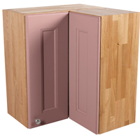 This L-shaped corner wall cabinet with frontals is finished with pretty Cinder Rose, by Farrow & Ball.