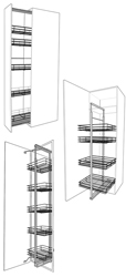 Soft close larder wirework, 3/4 height storage rack wirework and pull & swing pantry wirework for solid wood kitchens.