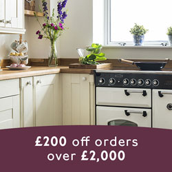 A bright, neutral kitchen with the details of our sale in the foreground