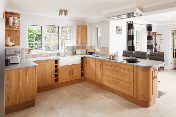 This open kitchen features our lacquered oak Shaker frontals