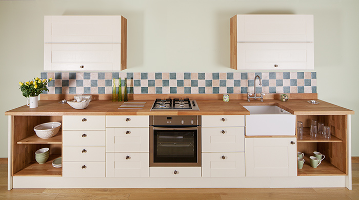 Open base units make a feature of cookware and crockery