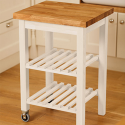 Gain additional storage and work space with a white painted kitchen island trolley with oak tabletop.
