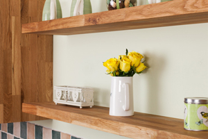 Solid oak floating shelves with 40mm wide staves.