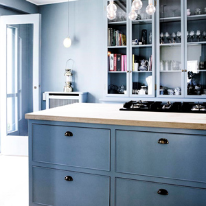 Eye-catching Cook's Blue looks stunning in wooden kitchens, and is the perfect partner for pale wooden countertops