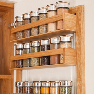 A solid oak spice rack is the perfect complement to oak kitchens.