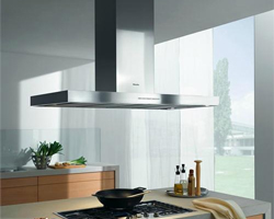 Stainless steel kitchen island hood from Miele.