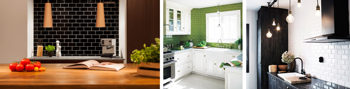 Bold colours on subway tiles can make a dramatic impact oak kitchens.