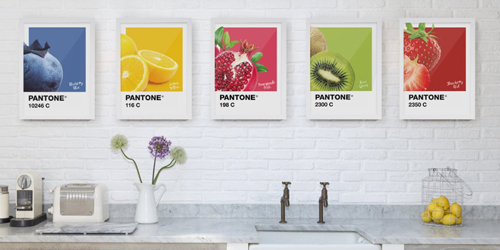 These Pantone colour fruit prints add vibrancy to a contemporary kitchen.
