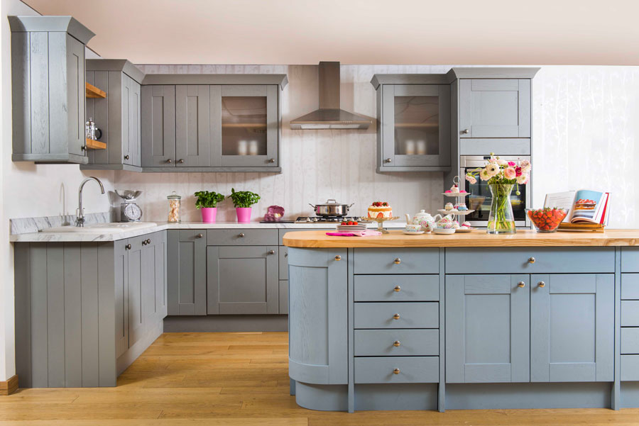 Solid Wood Kitchen Cabinets, What Colour Goes With Pale Blue Kitchen Units