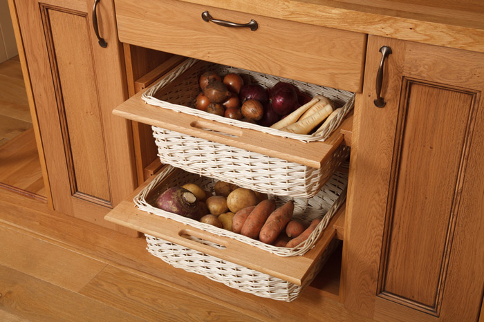Solid Oak Kitchen Wicker Storage Unit, Wicker Baskets For Kitchen Units