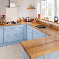Solid oak kitchen cabinets painted Lulworth Blue