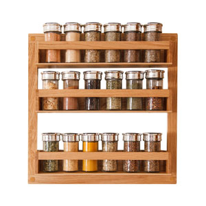 Our solid oak spice racks come in a lacquered finish to match our kitchen cabinets.