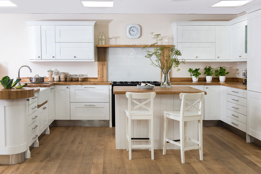 choosing wood countertops with white shaker cabinets